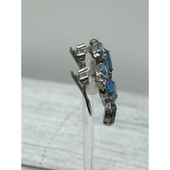 Vtg Weiss Signed Silver Tone Blue Aurora Borealis Rhinestone Clip On Earrings - Picture 6 of 11